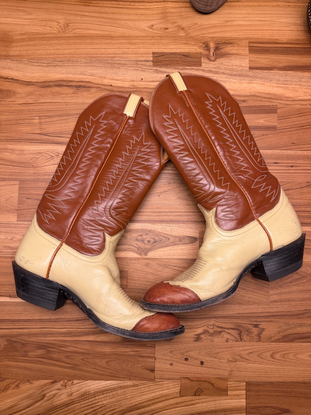 Tony Lama 9D Leather Two-Tone Brown and Cream Western Cowboy Boots - Men